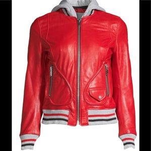 DOMA HOODED  RED LEATHER VARSITY JACKET
